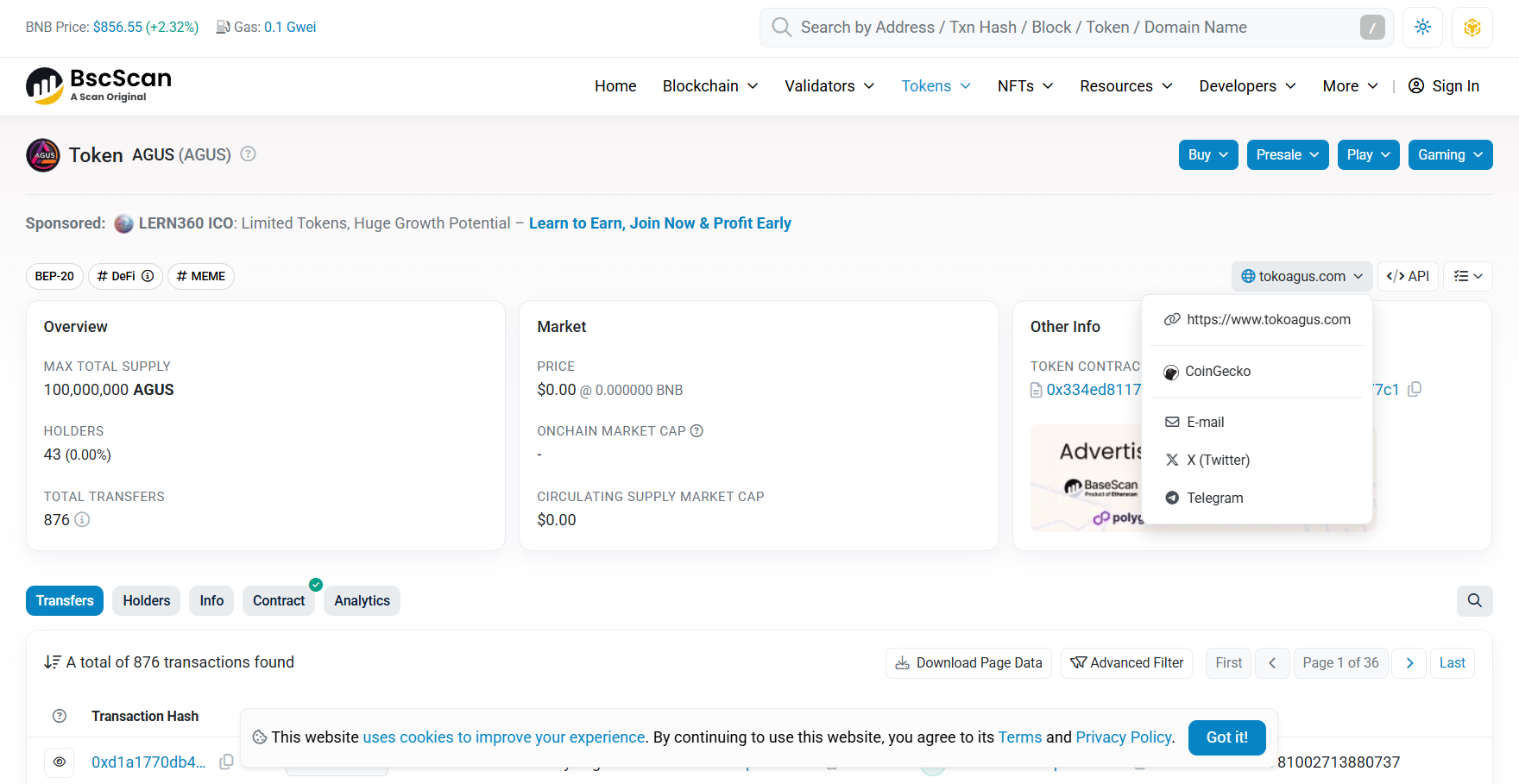 contoh token yang sudah verifikasi di bscscan